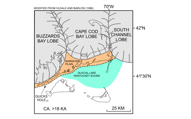 Figure 4. Regional paleogeographic map of Cape Cod and the Islands showing the extent of the Laurentide ice sheet just prior to 18 ka. Map modified from Oldale and Barlow (1986). 