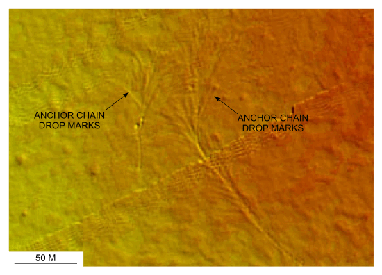 Figure 41. Detailed planar view of anchor chain drop marks north of Pasque Island from the DTM produced during NOAA survey H11076.  Location of view is shown in <a target=