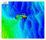 Figure 43.  Detailed planar view of a scour depression associated with a shipwreck south of Pasque Island from the DTM produced during NOAA survey H11076.