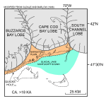 Figure 4. Regional paleogeographic map of Cape Cod and the Islands showing the extent of the Laurentide ice sheet just prior to 18 ka. Map modified from Oldale and Barlow (1986). 