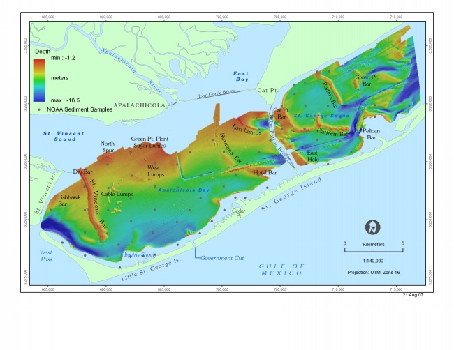 Figure 6. Map showing the names of bay-floor and geographic features within the Apalachicola Bay study area.  Locations of sediment samples collected by NOAA Coastal Services Center (NOAA, 1999) that were used to verify the sidescan-sonar interpretation are shown. 