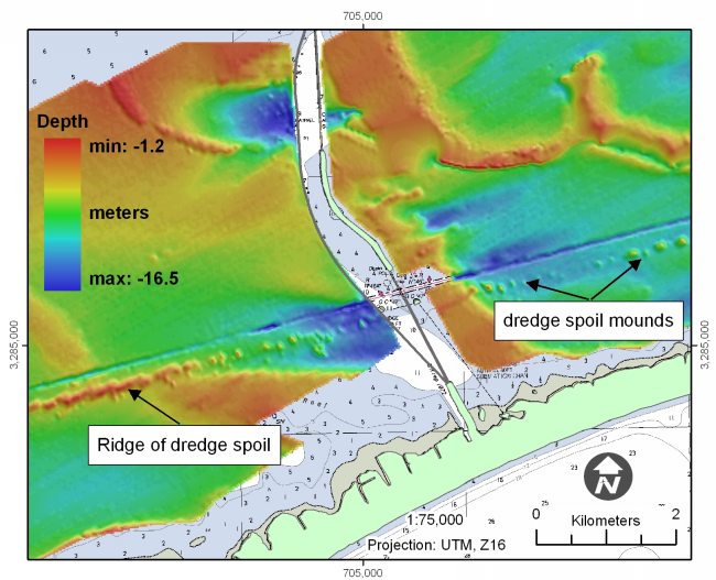 Figure 8. Bathymetric map of the Intracoastal Waterway near the Bryant Patton Bridge showing dredged material south of its channel. 