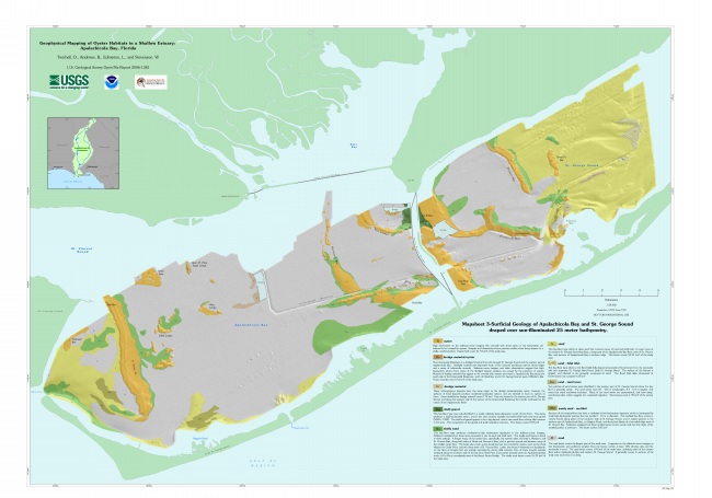 Mapsheet 3.  Surficial geology, shows the interpreted surficial geology with the locations of oyster bars superimposed on the sun-illuminated bathymetry.