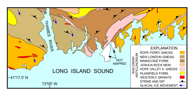 Figure 2. Bedrock geologic map of the area onshore from NOAA survey H11250 simplified from Rodgers (1985). 