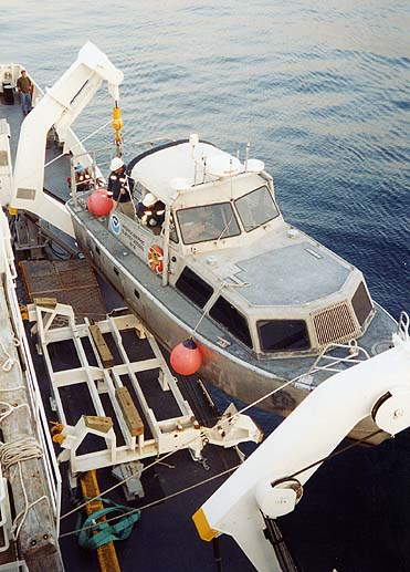 Figure 4. Image showing NOAA Launch 1014 being deployed from the NOAA Ship Thomas Jefferson.