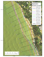 Figure 17. Map showing the historical shorelines and transect locations in Reach B-2. 
