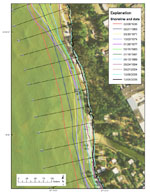 Figure 19. Map showing the historical shorelines and transect locations in Reach B-3. 
