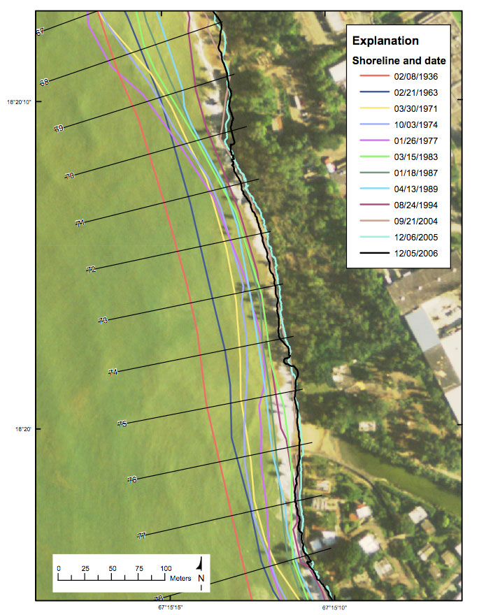 Figure 19. Map showing the historical shorelines and transect locations in Reach B-3.