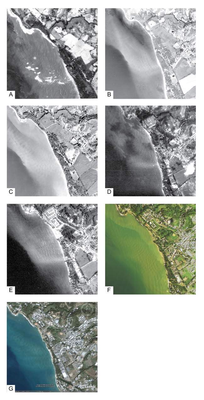 Figure 22. A seven-panel time series of aerial photographs showing complex wave patterns (refraction, reflection, diffraction) in Reach B.