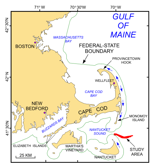 Figure 1. Index map of Cape Cod and the Islands showing location of the study area and  directions of net sediment transport on the east-facing shores of Cape Cod and Nantucket (Strahler, 1988). 