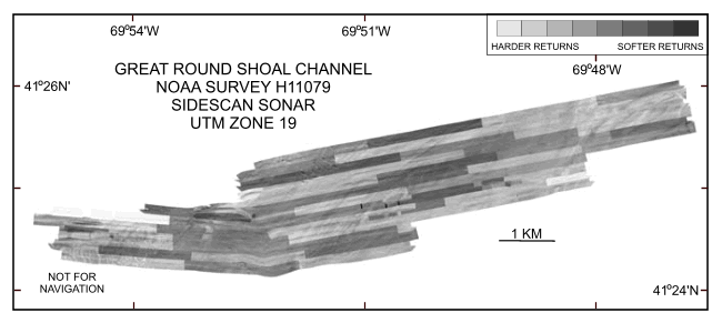 Figure 21. Map showing the sidescan-sonar imagery produced from data collected during NOAA survey H11079 of Great Round Shoal Channel, offshore Massachusetts.