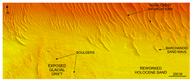 Figure 23. Detailed planar view of exposed glacial drift and the sand waves at the transition from shoal to channel from the DTM produced during NOAA survey H11079.