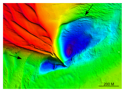 Figure 24.  Detailed planar view of scour depressions flanking the southeastern tip of Great Round Shoal from the DTM produced during NOAA survey H11079. 
