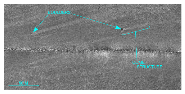 Figure 25. Detailed planar view of a comet structure associated with a boulder from the sidescan-sonar mosaic produced during NOAA survey H11079.  