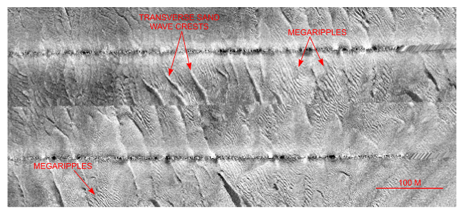 Figure 27.Detailed planar view of the sidescan-sonar mosaic produced during NOAA survey H11079 showing relatively straight to sinuous alternating bands of high and low backscatter (