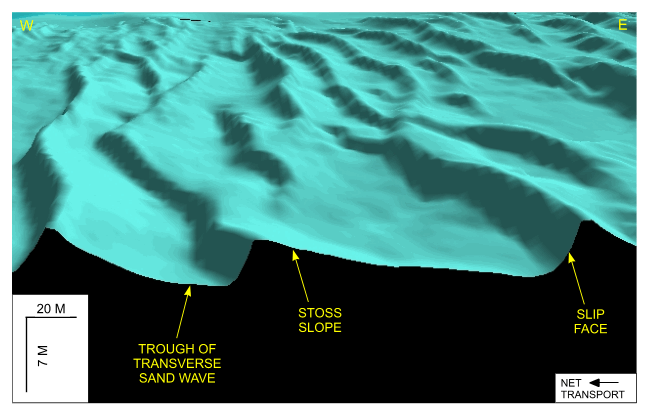 Figure 35. Detailed perspective view looking north of the transverse sand waves near the south-central part of Great Round Shoal Channel from the DTM produced during NOAA survey H11079. 