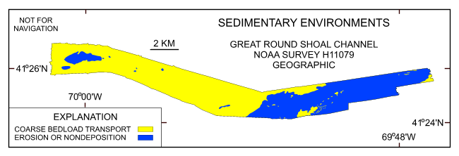 Figure 37.  Map showing the interpreted distribution of sedimentary environments within NOAA survey H11079.