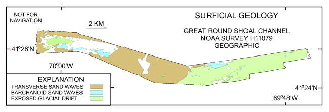 Figure 41.  Interpretation of the DTM and sidescan-sonar mosaic from NOAA survey H11079 of Great Round Shoal Channel. 