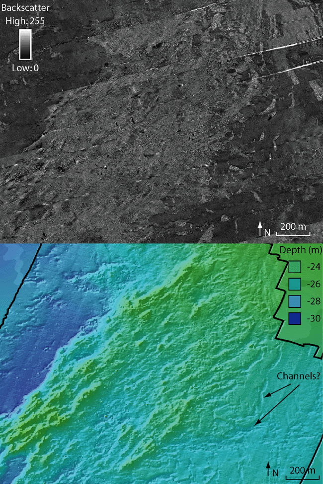 Figure 11. Detailed view of sidescan-sonar imagery showing mottled backscatter and corresponding bathymetry.