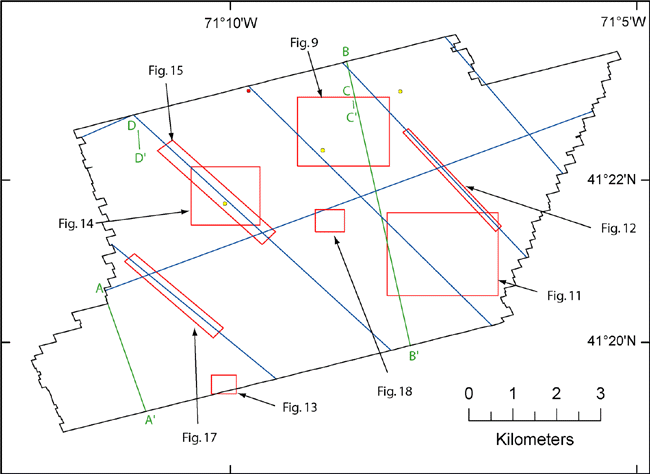 Figure 2. Location of figures, bathymetric profiles, historic seismic-reflection profiles, and sand and rocky sediment samples.