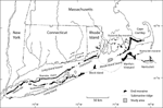 Figure 4. Map showing the location of end moraines (solid black polygons) in southern New England and New York.