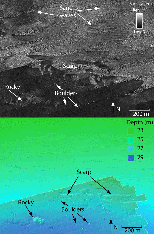 Figure 9. Detailed sidescan-sonar and bathymetric images illustrating the relatively smooth central basin floor scattered with rocks and boulders in the south and adjacent ridge to the north. 