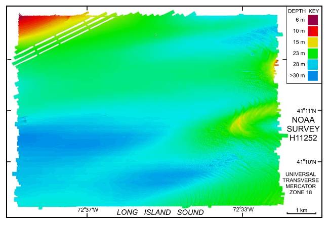 Figure 14. Digital terrain model of the sea floor from NOAA survey H11252 west of Six Mile Reef.