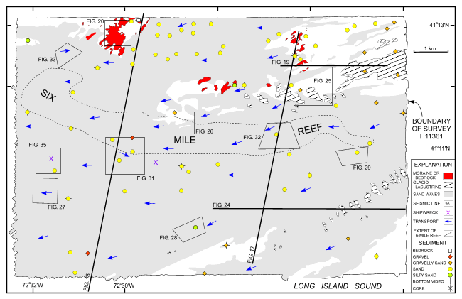 Figure 15. Geological interpretation of the bathymetry from survey H11361 in the eastern part of the study area around Six Mile Reef.  
