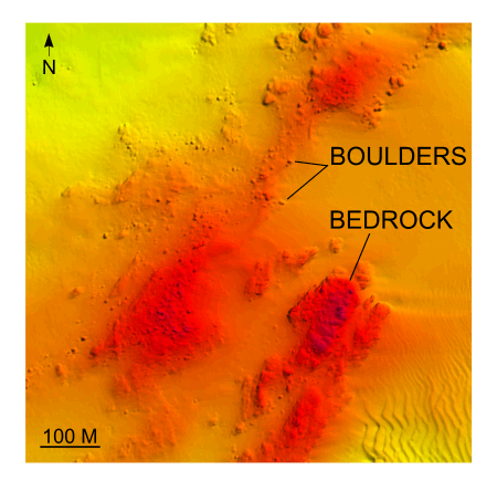 Detailed planar view of multibeam bathymetry from survey H11361 showing exposed bedrock and till.