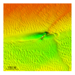 Figure 35. Detailed planar view of multibeam bathymetry from survey H11361 showing the intense scour around wreck of the Lake Hemlock.