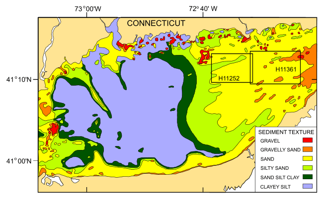 Figure 4. Map from Poppe and others (2000) showing the distribution of surficial sediments in east-central Long Island Sound. 
