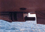 Figure 9. Image showing the Reason Seabat 8101 hull mounted in the keel cut out of NOAA Launch 1005.