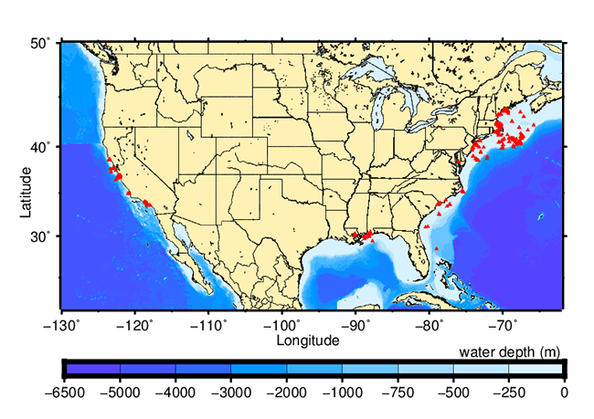 Figure 3.  Map of North America showing the locations where data in this database were collected.  Data were collected as part of regional or long-term field studies.  Most data were collected along the northeast coast of the United States and offshore of California. 