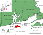 Figure 1. Location map of NOAA Survey H11321 study area in Rhode Island Sound (red polygon). NOAA Survey H11320 (McMullen and others, 2007) overlaps the eastern end of the study area (black outline). Location of interpreted stratigraphy profile A-A' (fig. 3) is also shown.