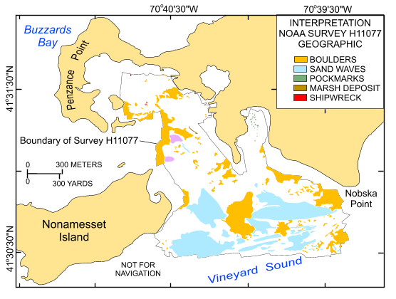 Figure 18. Interpretation of the digital terrain model and sidescan-sonar mosaic from National Oceanic and Atmospheric Administration survey H11077 of Woods Hole, Massachusetts. Shown are the areas characterized by boulders, sand waves, pockmarks, and marsh deposits. Also shown are the locations of shipwrecks. White areas within the study area are primarily reworked Holocene sediment.