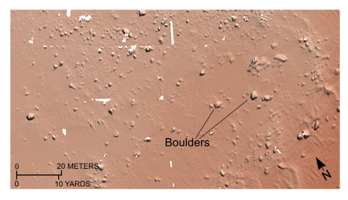 Figure 20. Detailed planar view of the bouldery sea floor off Nobska Point from the digital terrain model produced during National Oceanic and Atmospheric Administration survey H11077 of Woods Hole, Massachusetts. Boulders rest on the winnowed upper surface of the submerged Buzzards Bay moraine. Location of view is shown in figure 19.