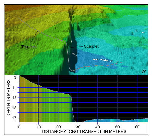 Figure 22. Detailed perspective view of the bathymetry looking south along the scarplet at the edge of Parker Flats from the digital terrain model produced during National Oceanic and Atmospheric Administration survey H11077 of Woods Hole, Massachusetts. Line shows location of transect; cross section shows scaled bathymetry. Location of view is shown in figure 19.