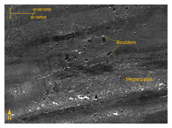 Figure 26. Detailed planar view southeast of Great Ledge of the sidescan-sonar mosaic produced during National Oceanic and Atmospheric Administration survey H11077 of Woods Hole, Massachusetts. View shows high-backscatter targets interpreted to be boulders. Note small patches of megaripples. Location of view is shown in figure 19.
