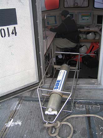 Figure 9. CTD (conductivity-temperature-depth) profiler. Data derived from frequent deployments of this device were used to perform sound velocity corrections on the multibeam data. 