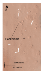 Figure 23. Detailed planar view of the depressions interpreted to be pockmarks from the digital terrain model produced during National Oceanic and Atmospheric Administration survey H11077 of Woods Hole, Massachusetts.