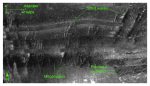 Figure 42. Detailed planar view along the southern edge of the sidescan-sonar mosaic produced during National Oceanic and Atmospheric Administration survey H11077 of Woods Hole, Massachusetts, showing relatively straight to sinuous alternating bands of high and low backscatter (“tiger-stripe”) pattern indicative of transverse sand waves. Note the abundance of megaripples between and on the stoss slopes of the waves indicative of active transport, and that the crest orientation of the sand waves and megaripples does not always match. Location of view is shown in figure 19. 