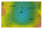 Figure 55. Detailed planar view of the digital terrain model produced during National Oceanic and Atmospheric Administration survey H11077 of Woods Hole, Massachusetts. Image shows four wrecks in a depression within the Inner Harbor. Location of view is shown in figure 19.