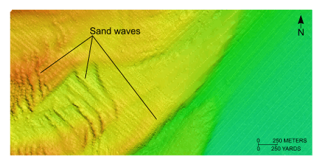 Figure 11. Detailed view of the interpolated bathymetry from the northern part of National Oceanic and Atmospheric Administration survey H11044. Image shows the variety of sand-wave morphologies off Stratford Point. Location of view is shown in figure 2. 