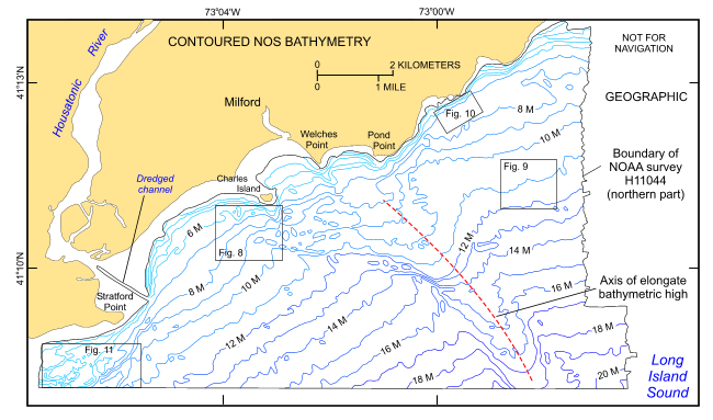 Figure 2. A portion of the 1-m contoured bathymetry from DiGiacomo-Cohen and others (1998) showing the bathymetry within the boundary of NOAA survey H11044 off Milford, Connecticut.