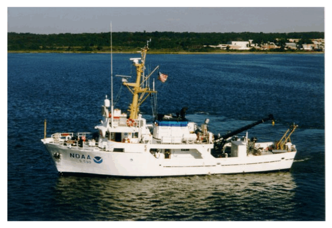 Figure 3. Image shows a port-side view of the National Oceanic and Atmospheric Administration (NOAA) Ship Rude, which carried out survey H11044 in north-central Long Island Sound. Image from NOAA. 