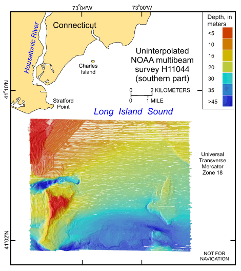 Figure 4. Image showing the original uninterpolated reconnaissance multibeam bathymetry from the southern part of National Oceanic and Atmospheric Administration survey H11044 in north-central Long Island Sound off Milford, Connecticut. 