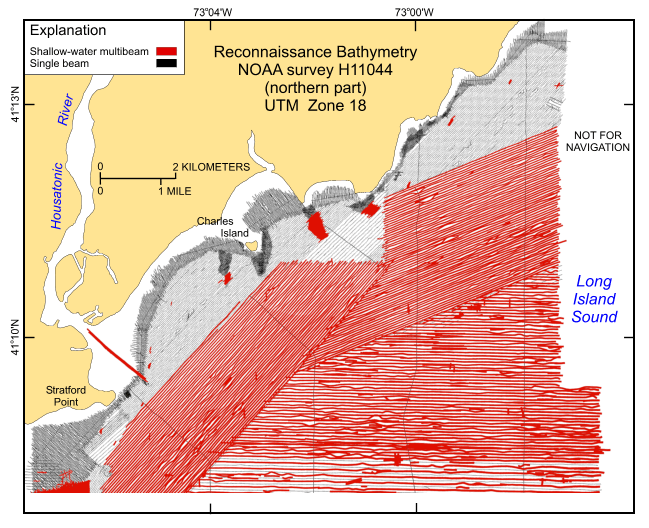 Figure 5. Image shows sea-floor coverage by the original uninterpolated reconnaissance single-beam (black) and shallow-water multibeam (red) bathymetry from the northern part of National Oceanic and Atmospheric Administration survey H11044 in north-central Long Island Sound off Milford, Connecticut.