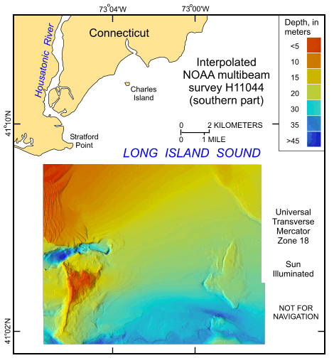 Figure 6. Image showing the interpolated and regridded multibeam bathymetry from the southern part of National Oceanic and Atmospheric Administration survey H11044 in north-central Long Island Sound off Milford, Connecticut. Sun illumination (that is, hill shading) is from the west. Hot colors represent shallower depths; cool colors represent deeper waters.