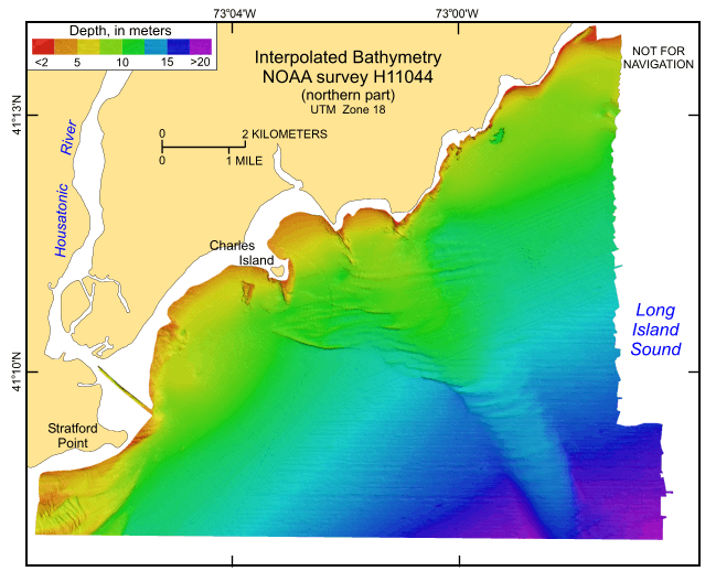 Figure 7. Image showing the interpolated and regridded multibeam bathymetry from the northern part of National Oceanic and Atmospheric Administration survey H11044 in north-central Long Island Sound off Milford, Connecticut. Sun illumination is from the northeast; vertical exaggeration is 8X. Hot colors represent shallower depths; cool colors represent deeper waters.