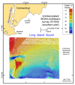 Figure 4. Image shows the original uninterpolated reconnaissance multibeam bathymetry from the southern part of NOAA survey H11044 in north-central Long Island Sound off Milford, Connecticut. 